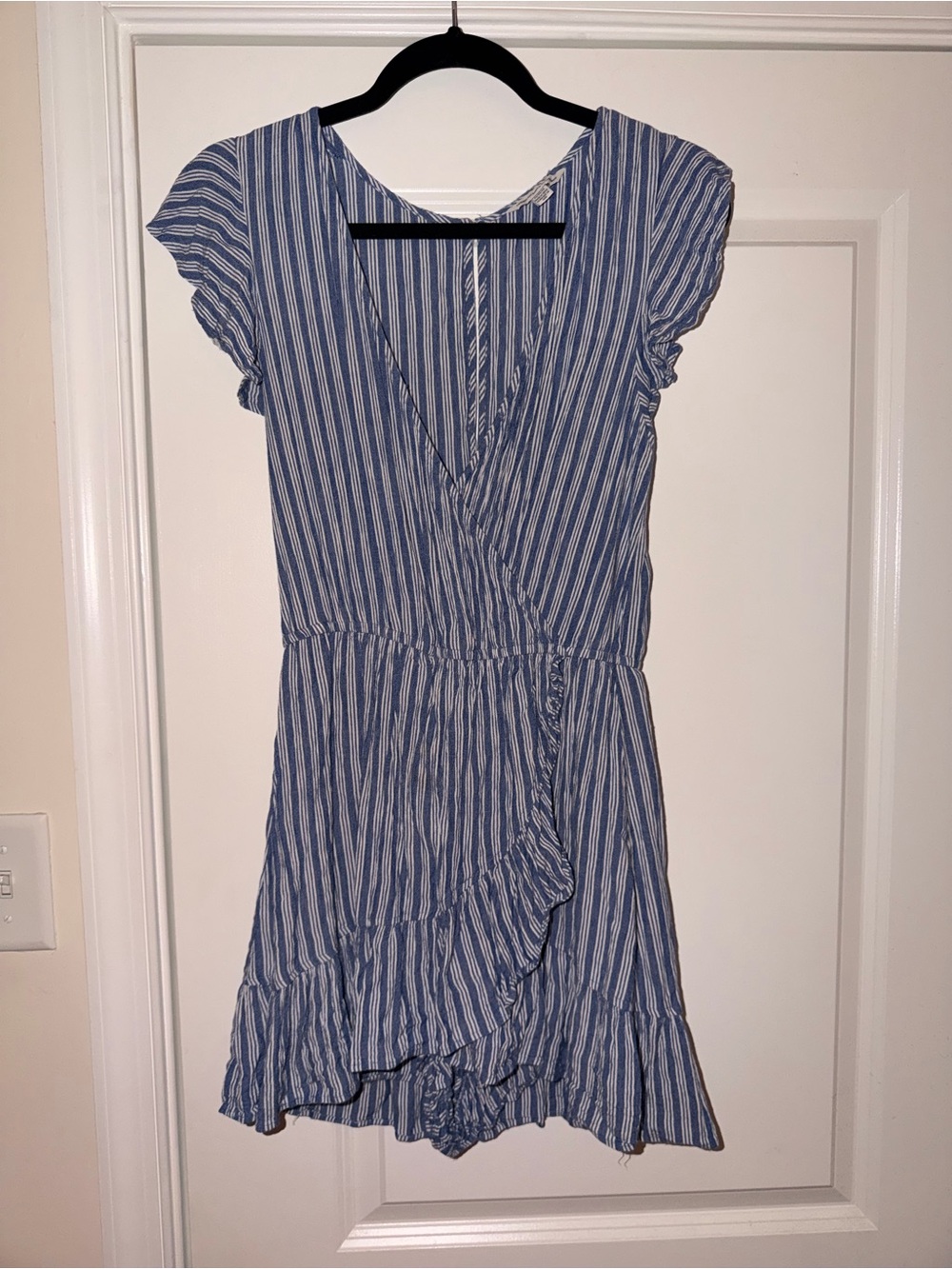 Blue and White Striped Wrap-Style Summer romper